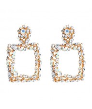 Shining Rhinestone Square High Fashion Bold Style Women Statement Shoulder-duster Earrings - Transparent