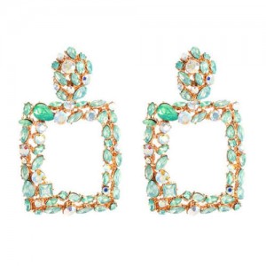 Shining Rhinestone Square High Fashion Bold Style Women Statement Shoulder-duster Earrings - Green