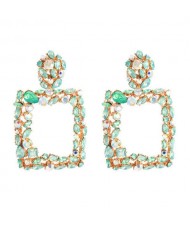 Shining Rhinestone Square High Fashion Bold Style Women Statement Shoulder-duster Earrings - Green