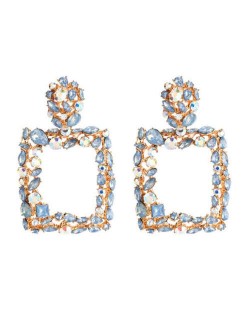 Shining Rhinestone Square High Fashion Bold Style Women Statement Shoulder-duster Earrings - Blue