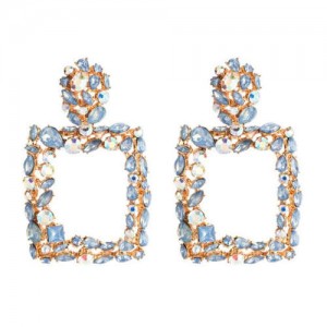 Shining Rhinestone Square High Fashion Bold Style Women Statement Shoulder-duster Earrings - Blue