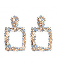 Shining Rhinestone Square High Fashion Bold Style Women Statement Shoulder-duster Earrings - Blue