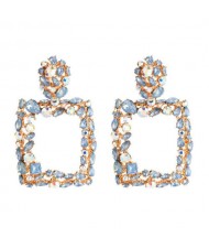 Shining Rhinestone Square High Fashion Bold Style Women Statement Shoulder-duster Earrings - Blue