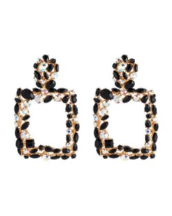 Shining Rhinestone Square High Fashion Bold Style Women Statement Shoulder-duster Earrings - Black