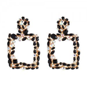 Shining Rhinestone Square High Fashion Bold Style Women Statement Shoulder-duster Earrings - Black