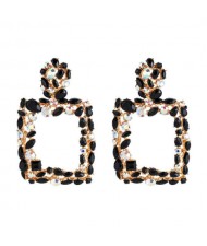 Shining Rhinestone Square High Fashion Bold Style Women Statement Shoulder-duster Earrings - Black