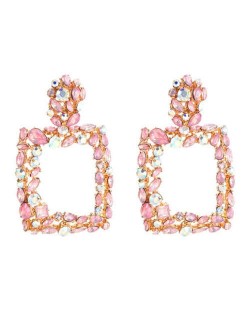 Shining Rhinestone Square High Fashion Bold Style Women Statement Shoulder-duster Earrings - Pink