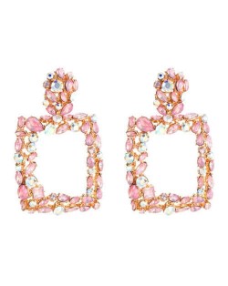 Shining Rhinestone Square High Fashion Bold Style Women Statement Shoulder-duster Earrings - Pink