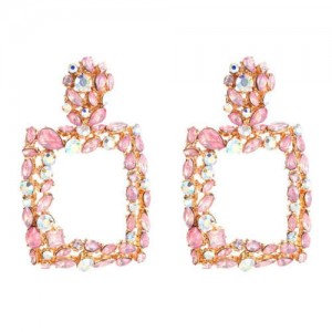 Shining Rhinestone Square High Fashion Bold Style Women Statement Shoulder-duster Earrings - Pink
