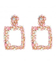 Shining Rhinestone Square High Fashion Bold Style Women Statement Shoulder-duster Earrings - Pink