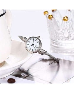 Vintage Silver Roman Numerals White Index Design Women Slim Fashion Bracelet Watch
