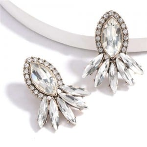 Geometric Rhinestone Floral Design Women Costume Earrings - White