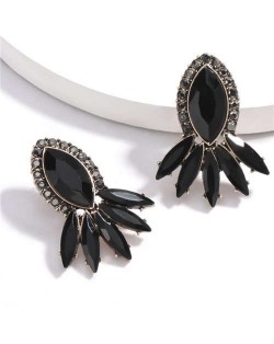 Geometric Rhinestone Floral Design Women Costume Earrings - Black