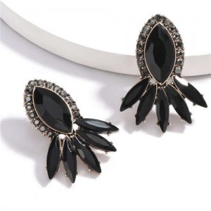 Geometric Rhinestone Floral Design Women Costume Earrings - Black