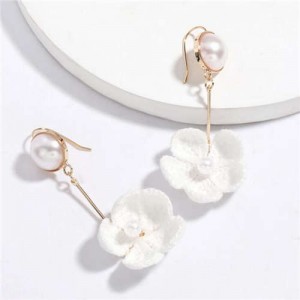 Pearl Inlaid Cotton Threads Flower Korean High Fashion Women Dangling Earrings - White