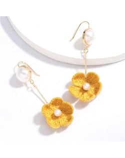 Pearl Inlaid Cotton Threads Flower Korean High Fashion Women Dangling Earrings - Yellow