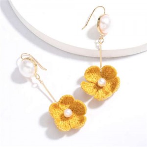 Pearl Inlaid Cotton Threads Flower Korean High Fashion Women Dangling Earrings - Yellow