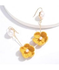 Pearl Inlaid Cotton Threads Flower Korean High Fashion Women Dangling Earrings - Yellow