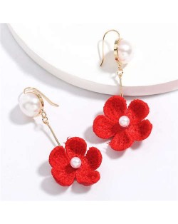Pearl Inlaid Cotton Threads Flower Korean High Fashion Women Dangling Earrings - Red