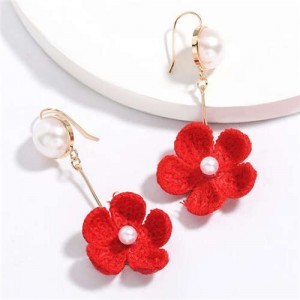 Pearl Inlaid Cotton Threads Flower Korean High Fashion Women Dangling Earrings - Red