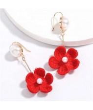 Pearl Inlaid Cotton Threads Flower Korean High Fashion Women Dangling Earrings - Red