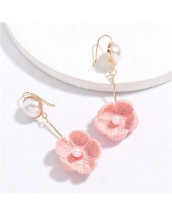 Pearl Inlaid Cotton Threads Flower Korean High Fashion Women Dangling Earrings - Pink