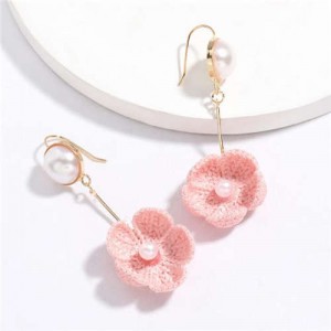Pearl Inlaid Cotton Threads Flower Korean High Fashion Women Dangling Earrings - Pink