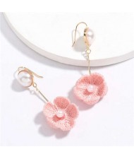 Pearl Inlaid Cotton Threads Flower Korean High Fashion Women Dangling Earrings - Pink