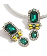 Exaggerated Fashion Floral Design Women Rhinestone Statement Earrings - Green