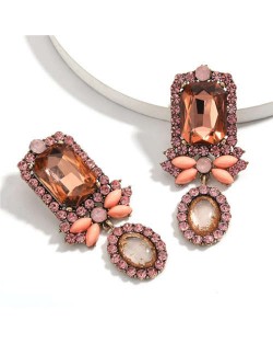 Exaggerated Fashion Floral Design Women Rhinestone Statement Earrings - Pink