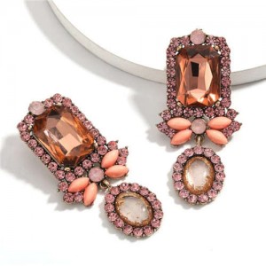 Exaggerated Fashion Floral Design Women Rhinestone Statement Earrings - Pink