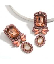 Exaggerated Fashion Floral Design Women Rhinestone Statement Earrings - Pink