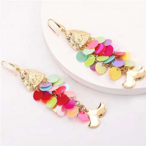 Resin Paillettes Fish Tassel Design Shoulder-duster Earrings - Multicolor