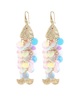 Resin Paillettes Fish Tassel Design Shoulder-duster Earrings - Light Colorful