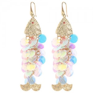 Resin Paillettes Fish Tassel Design Shoulder-duster Earrings - Light Colorful