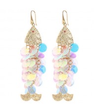Resin Paillettes Fish Tassel Design Shoulder-duster Earrings - Light Colorful