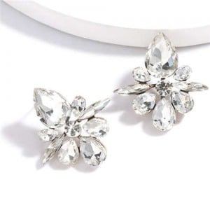 Splendid Rhinestone Floral Pattern High Fashion Women Statement Earrings - White
