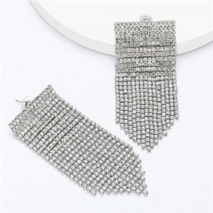 Alluring Splendid Rhinestone Dangling Tassel High Fashion Women Shoulder-duster Earrings - Silver