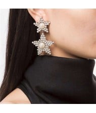Dual Stars Design Shining Fashion Women Alloy Costume Earrings - Golden