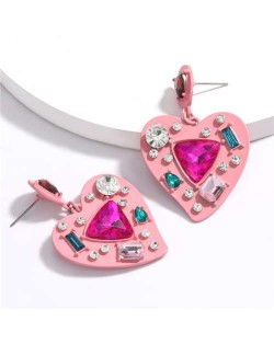 Assorted Gems Inlaid Pinky Heart Design Women Alloy Fashion Statement Earrings