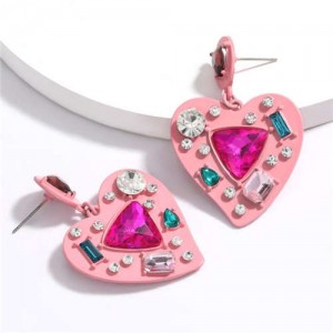 Assorted Gems Inlaid Pinky Heart Design Women Alloy Fashion Statement Earrings