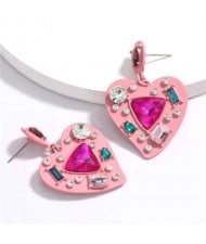 Assorted Gems Inlaid Pinky Heart Design Women Alloy Fashion Statement Earrings