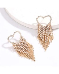 Rhinestone Tassel Heart Shape High Fashion Women Shoulder-duster Earrings - Golden