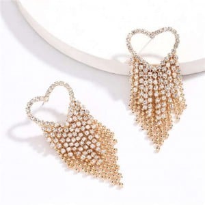 Rhinestone Tassel Heart Shape High Fashion Women Shoulder-duster Earrings - Golden