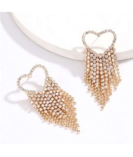 Rhinestone Tassel Heart Shape High Fashion Women Shoulder-duster Earrings - Golden