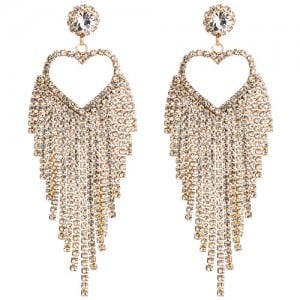Heart Shape Rhinestone Tassel Modern Fashion Women Shoulder-duster Earrings - Golden