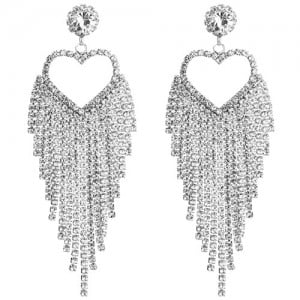 Heart Shape Rhinestone Tassel Modern Fashion Women Shoulder-duster Earrings - Silver