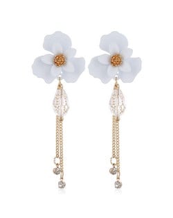 Enamel Flower Beads and Chain Tassel Korean Fashion Alloy Women Shoulder-duster Earrings - White