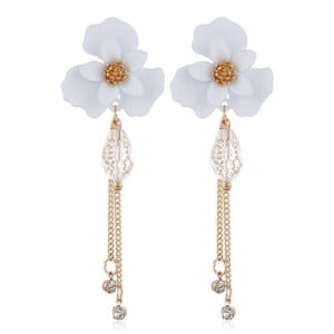 Enamel Flower Beads and Chain Tassel Korean Fashion Alloy Women Shoulder-duster Earrings - White