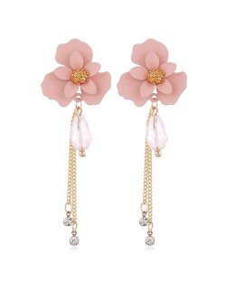Enamel Flower Beads and Chain Tassel Korean Fashion Alloy Women Shoulder-duster Earrings - Pink